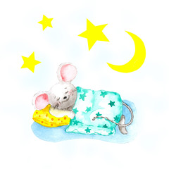 Fototapeta na wymiar Freehand watercolor drawing. Gray mouse sleeps on a yellow pillow and hides with a green blanket. Yellow stars and the moon shine in the sky above the rat. Concept for baby sleep, dreams, christmas