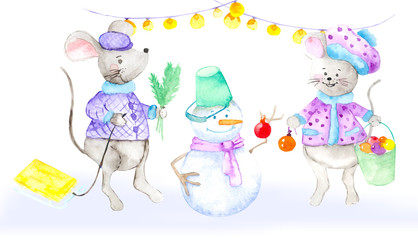 Freehand watercolor drawing. Two gray mice dressed in clothes build a snowman out of the snow. And decorate with Christmas balls. The balls lie in a bucket that is held by a mouse-girl. A mouse-boy
