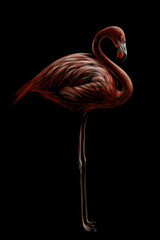 Pink flamingo. Hand-drawn, artistic, flowered image of a flamingo bird on a black background. - obrazy, fototapety, plakaty