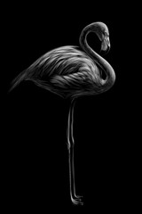 Flamingo. Hand-drawn, artistic, black and white sketch of a flamingo bird on a black background.