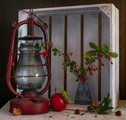 Still life with apple, sprigs of barberry with berries and an old kerosene lamp on the background of a wooden box. Vintage