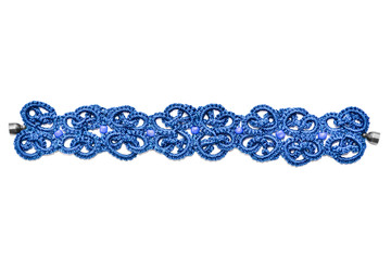 Isolated wicker bracellet or necklace blue color. Lacy weave. Tatting. Handmade jewelry made of mercerized cotton or silk	