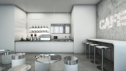 Cafe shop Modern & Loft design,Counter white gloss waiting,Neon text on concrete wall,Counter cafe top metal white gloss,White gloss wall,Waiting seat,Concrete floor,-3D render
