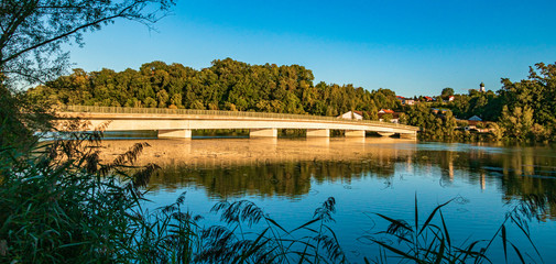 Beautiful view with reflections in the river Isar near Zeholfing, Bavaria, Germany