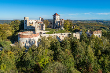 Fototapeta na wymiar Ruins of medieval Tenczyn castle in Rudno near Krakow in Poland. Aerial view in fall