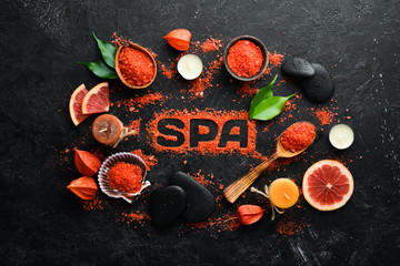 Orange sea salt. Spa treatments. Top view. Free copy space.