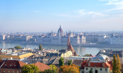 The magnificent panorama of Budapest, a view of the Danube, the parliament building and the city rooftops
