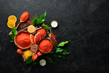 Orange sea salt with aroma of grapefruit. Spa treatments. Top view. Free copy space.