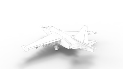 Line illustration of a modern fighter jet airplane isolated in white studio
