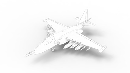 Fototapeta na wymiar Line illustration of a modern fighter jet airplane isolated in white studio