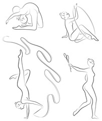 Collection. Rhythmic gymnastics. Silhouette of a girl with maces, ball, ribbon, hoop. Beautiful gymnast. The woman is slim and young. Vector illustration of a set