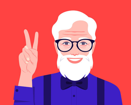 An old stylish bearded man with glasses smiles and shows a victory sign. Happy oldness. Grandfather. Vector flat illustration