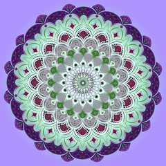  Vector graphics. Round lace pattern - in green and lilac colors.