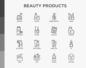 Beauty products thin line icons set: skin care, cream, gel, organic cosmetics, make up, soap dispenser, nail care, beauty box, deodorant, face oil,  sheet mask. Modern vector illustration.