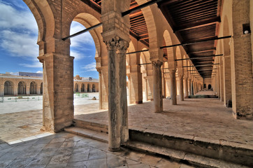 The Great Mosque of Kairouan also known as the Mosque of Uqba situated in the town of Kairouan, Tunisia. 