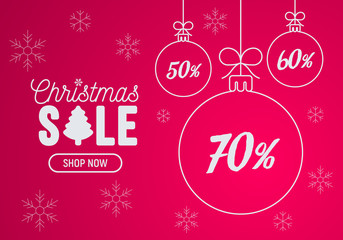 Fototapeta na wymiar Christmas sale template with copy space. Christmas balls with discounts on snowflake background. Special prices. Modern vector illustration for shop promotion.