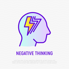 Negative thinking thin line icon. Flash in silhouette of man head. Depression, anxiety, frustration. Modern vector illustration of mental health.