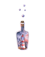 Watercolor magic glass bottle with lighthouse, seaweed, shells, bubbles. Hand drawn illustration isolated on white. Template is perfect for marine design, fabric textile, poster, icon, wallpaper
