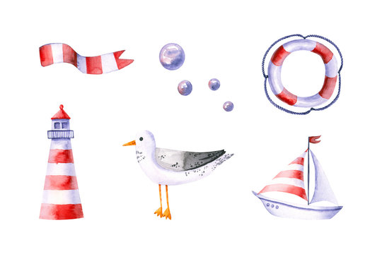 Sea set with watercolor flag, lighthouse, seagull, bubbles, lifebuoy, boat. Hand drawn illustration isolated on white. Template is perfect for marine design, stickers, fabric textile, poster