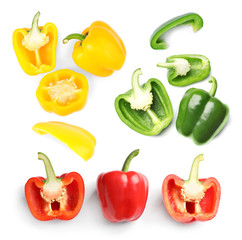 Rings of ripe bell peppers on white background