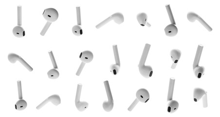 Set of modern wireless earphones on white background