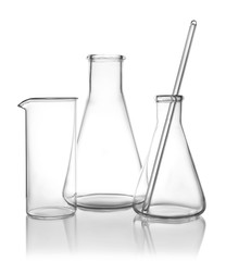 Clean empty laboratory glassware on white background