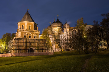 Historic church in Moscow at night.