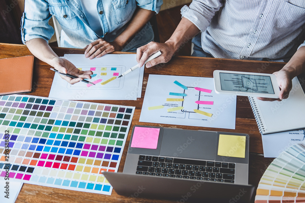 Sticker team of creative web/graphic designer planning, drawing website ux app for mobile phone application 