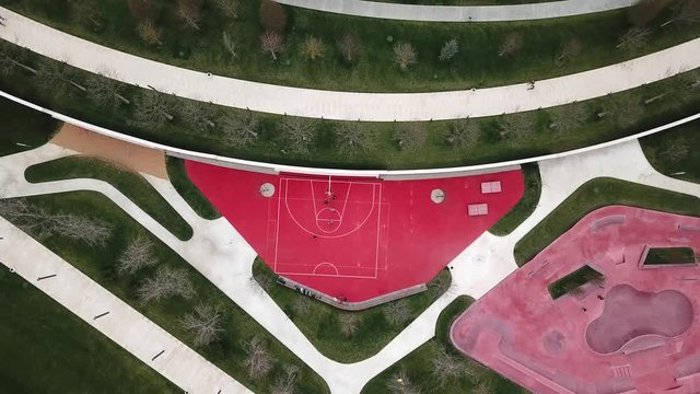 aerial drone flight over basketball playground and skate park, Krasnodar, Russia, 4k