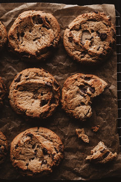 Close up of chocolate chip cookies on cooling rack