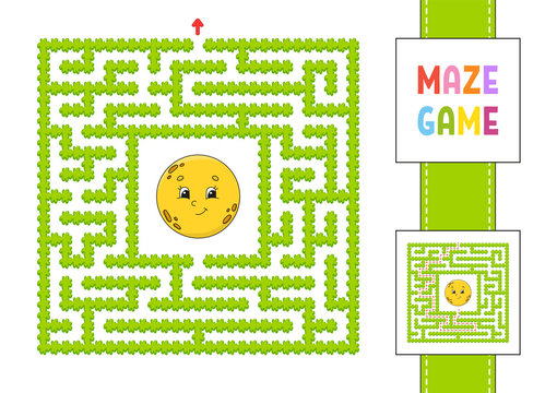 Funny square maze. Game for kids. Puzzle for children. Cartoon style. Labyrinth conundrum with character. Color vector illustration. Find the right path. With answer.