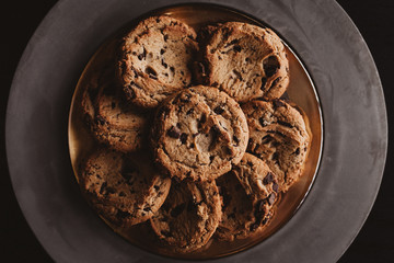 Close up of chocolate chip cookies served on plate
