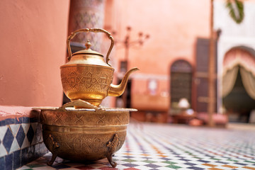 Festive moroccan tea table setting. Oriental hospitality.