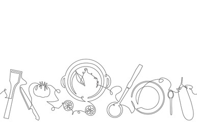 Background with Utensils and Food. Cooking Pattern. Vector illustration.