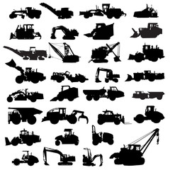 Set of building machinery. Silhouettes of Tractors, Asphalt paver, cold planer, compactor, Wheel loaders, bulldozer, Excavators, Pipelayer, Backhoe Loader, Tracked Loader  and etc vector illustration