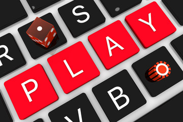 3D render Illustration. Computer notebook keyboard with Casino key . Online concept gambling game internet laptop .