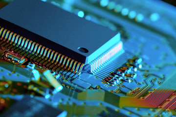 Electronic circuit board close up.