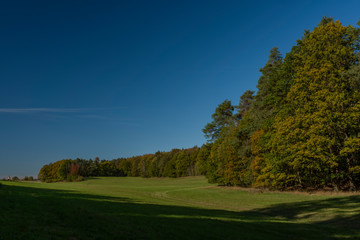 Fototapeta na wymiar Color autumn meadow and forests with blue sky in Kokorinsko area in Bohemia