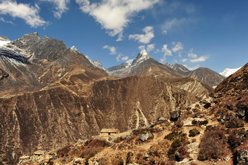 The highest mountains of the world are the Himalayas. Panorama of the highest mountains. Nepal.