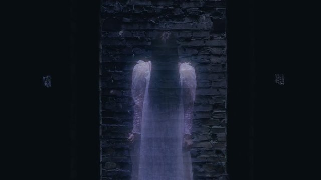 Phantom of dead bride appearing with knife in hand, scary ghost in haunted house