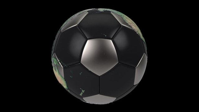 Realistic soccer ball isolated on black screen. 3d seamless looping animation. Detailed world map on black and iron soccer ball.
