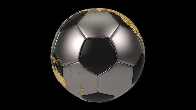 Realistic soccer ball isolated on black screen. 3d seamless looping animation. Detailed gold world map on black and iron soccer ball.
