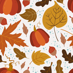 Vector seamless pattern with pumpkin,aspen, oak and maple