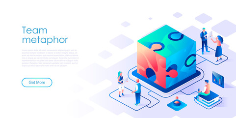 Naklejka premium Team metaphor isometric landing page vector template