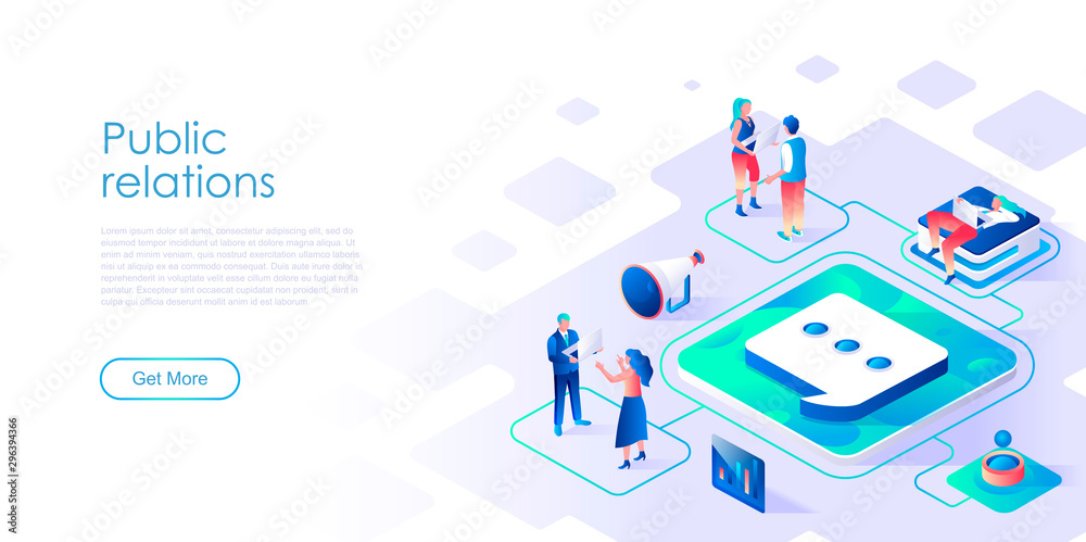 Poster public relations isometric landing page vector template