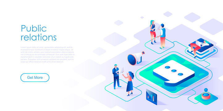 Public relations isometric landing page vector template