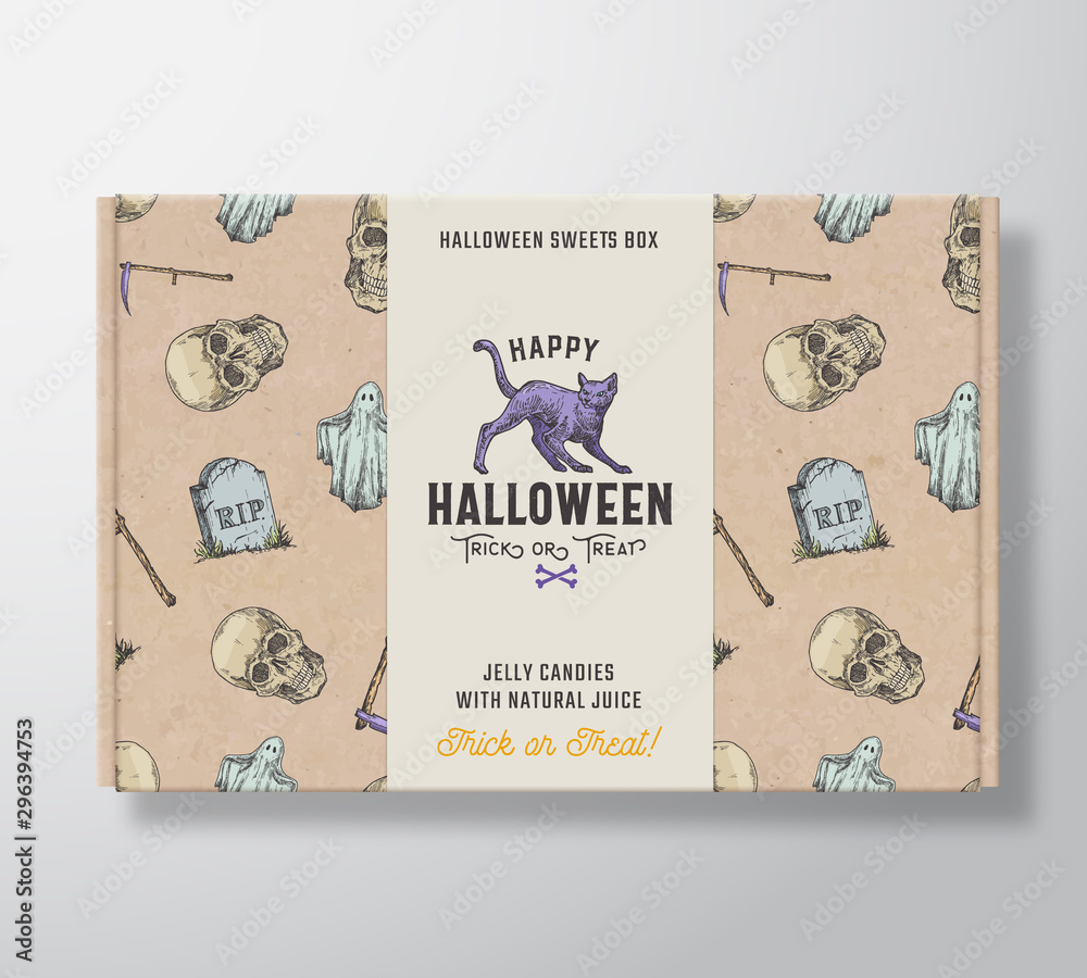 Wall mural halloween sweets pattern realistic cardboard box with banner. abstract vector packaging design or la