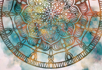 Obraz na płótnie Canvas Abstract mandala graphic design and watercolor digital art painting for ancient geometric concept background