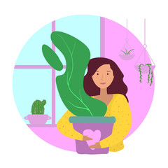 Fototapeta na wymiar Flowers shop. Girl with favorite plant. Plants and flowers at home. Florist. House plants. Cartoon illustration. Vector.