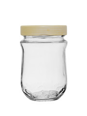 empty glass jar closed with plastic lid, isolated on white background